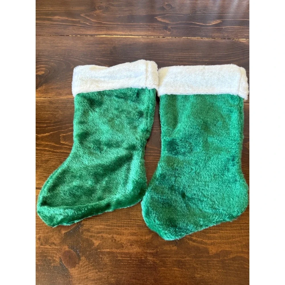 VTG Santa's Best Green Plush Faux Fur Christmas Stockings Set of 2 White Cuff